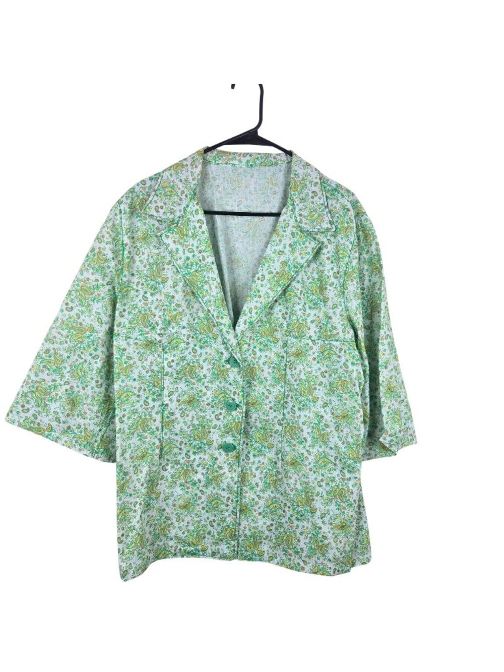 Vintage 60s Button-Up Jacket Smock 3/4 Sleeves Pocket Womens M Green Paisley Flo